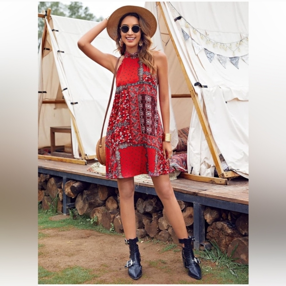 MINKPINK Red Asymmetrical Halter Sundress - Picture 1 of 7